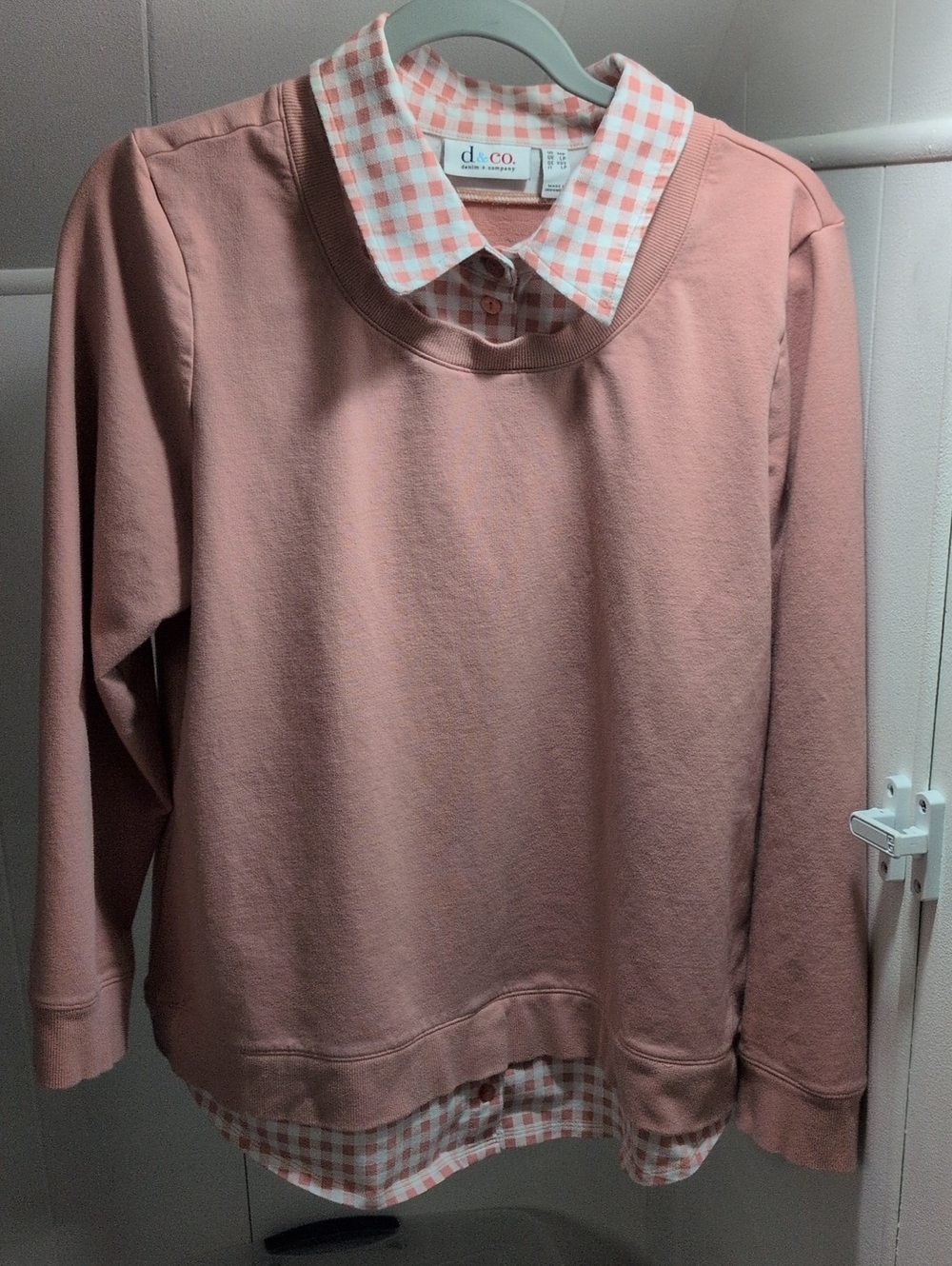 d&co. Women's Pink Layered Sweatshirt with Gingham Collar